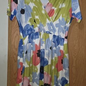 LuLaRoe Floral Faux-Wrap Midi Dress in Blue, Green & Coral, NWOT